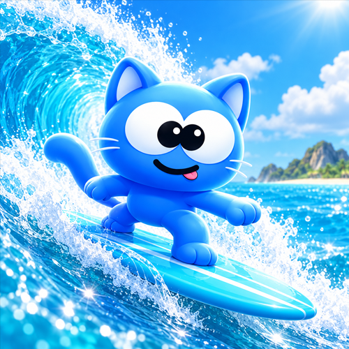 Gomocat surfing a bright ocean wave